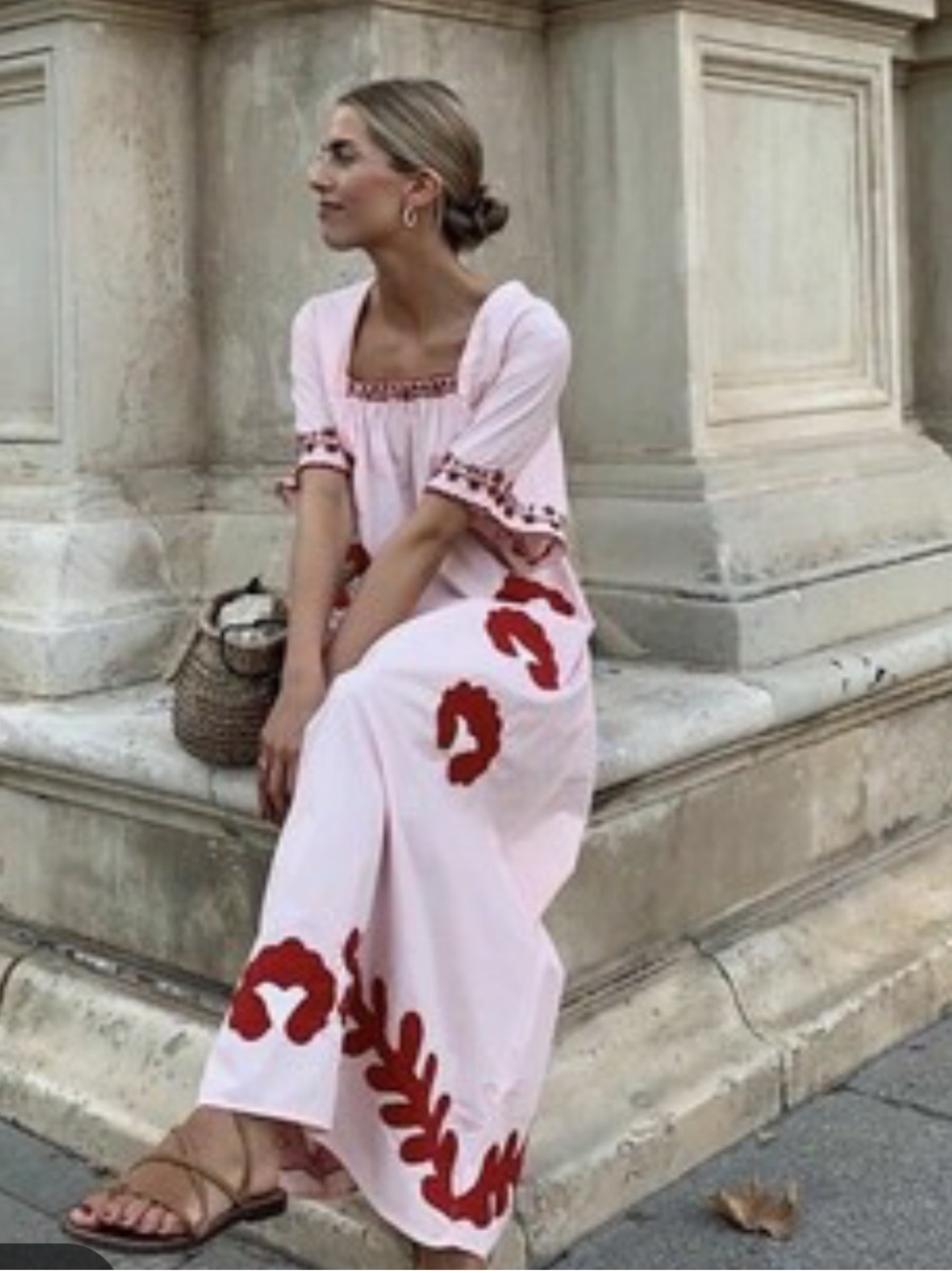 Zara Pink Caftan Nightdress with Red Floral Embroidery